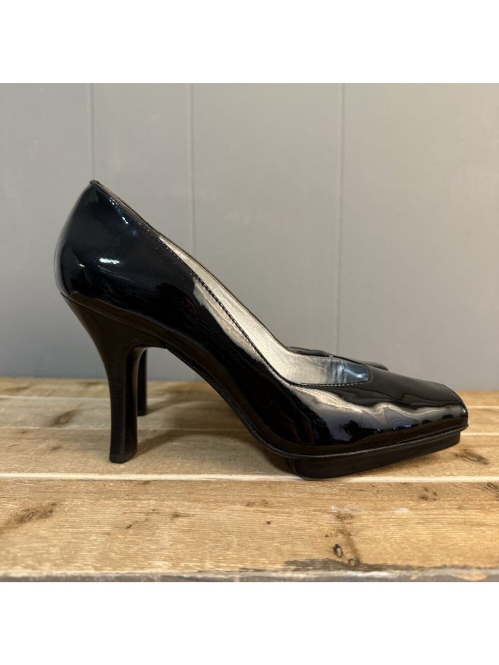 Black Patent Leather Peep Toe High Heels With Platform Sole & Stiletto Heel Size - Picture 2 of 7